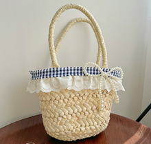 Load image into Gallery viewer, Straw Woven Lace-Trimmed Beach Bag
