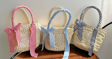 Load image into Gallery viewer, Plaid Bow &amp; Ribbon Straw Woven Tote Bag
