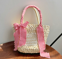 Load image into Gallery viewer, Plaid Bow &amp; Ribbon Straw Woven Tote Bag
