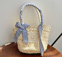 Load image into Gallery viewer, Plaid Bow &amp; Ribbon Straw Woven Tote Bag

