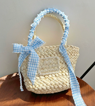 Load image into Gallery viewer, Plaid Bow &amp; Ribbon Straw Woven Tote Bag
